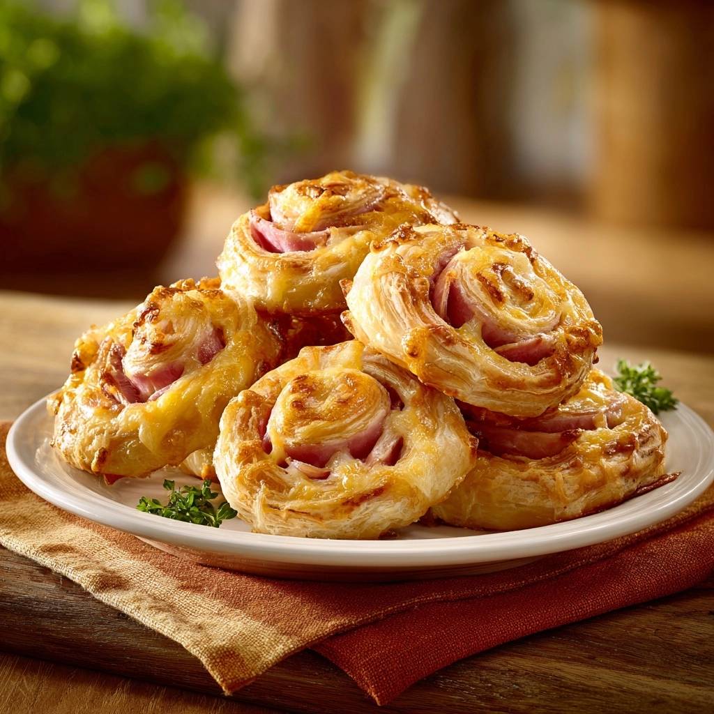 Knusprige Schinken-Käse-Blätterteigschnecken auf einem Teller, nahaufnahme der goldbraunen, gebackenen Schnecken mit Schinkenfüllung.