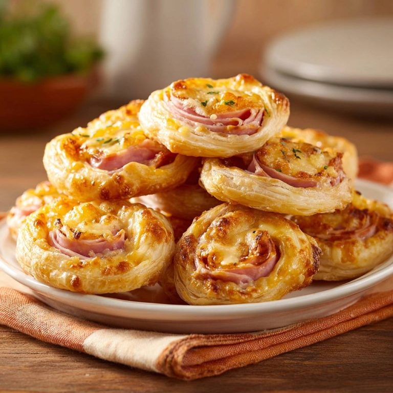 Knusprige Schinken-Käse-Blätterteigschnecken werden auf einem Teller gestapelt, mit Käse und Kräutern garniert.