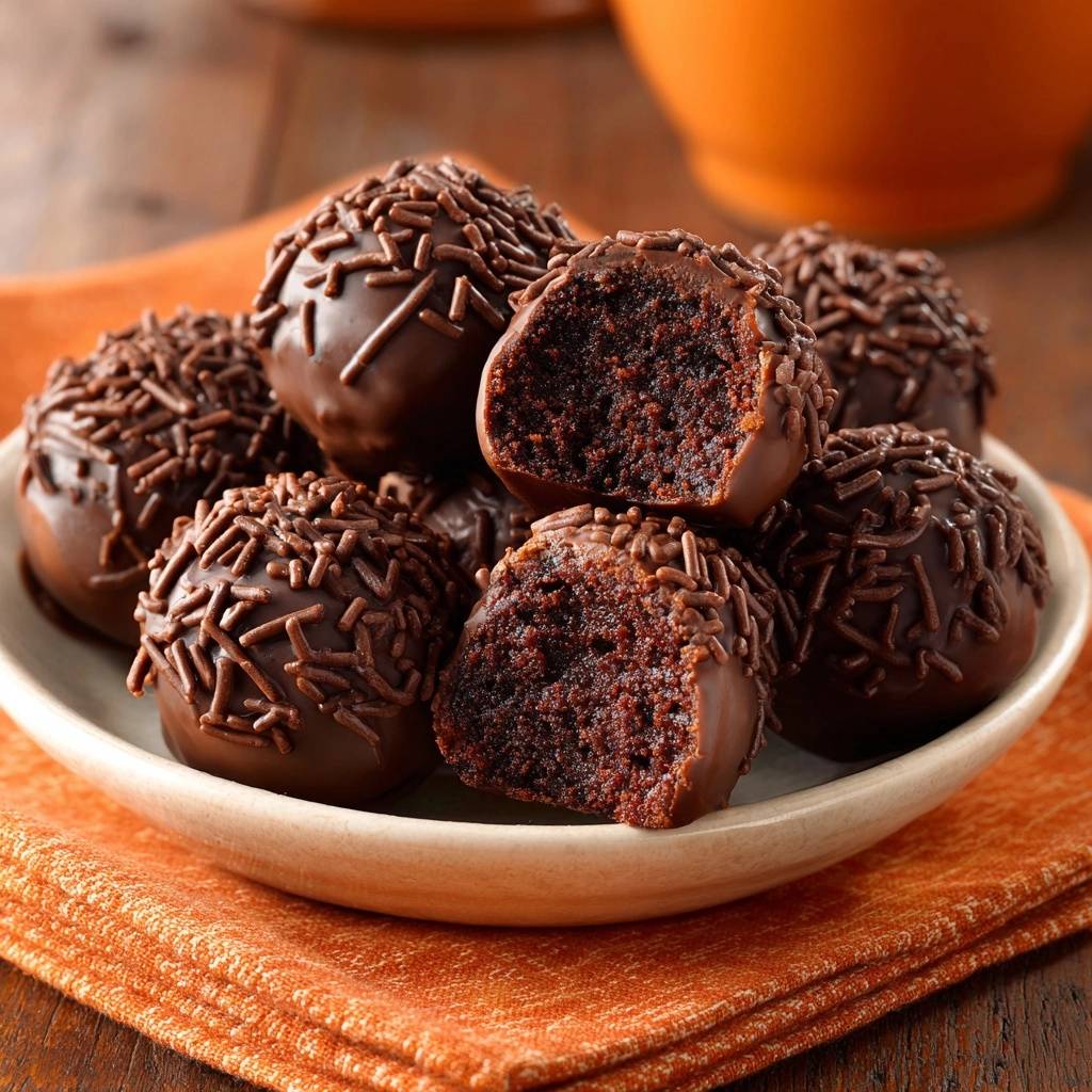 Schoko-Brigadeiros angeschnitten, mit Schokoladenstreuseln garniert und zeigen ihren saftigen Schokoladenkuchen-Kern.