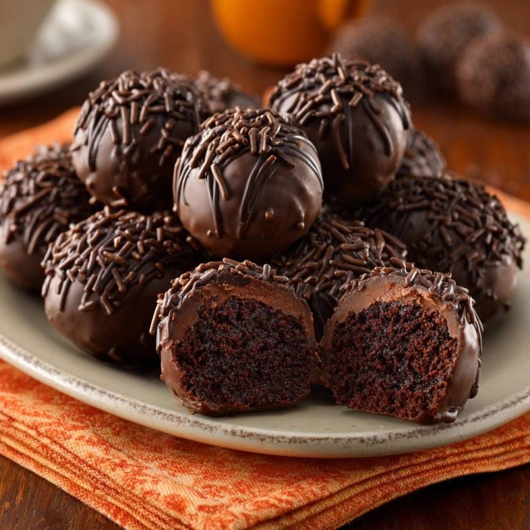 Schoko-Brigadeiros angeschnitten, die den reichhaltigen, dunklen Kuchen im Inneren und die Schokoladenstreusel-Kruste zeigen.