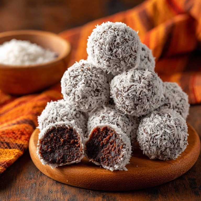 Schoko-Kokos-Bällchen angeschnitten, die das saftige Innere und die Kokosraspeln zeigen, auf einem Holzbrett angerichtet