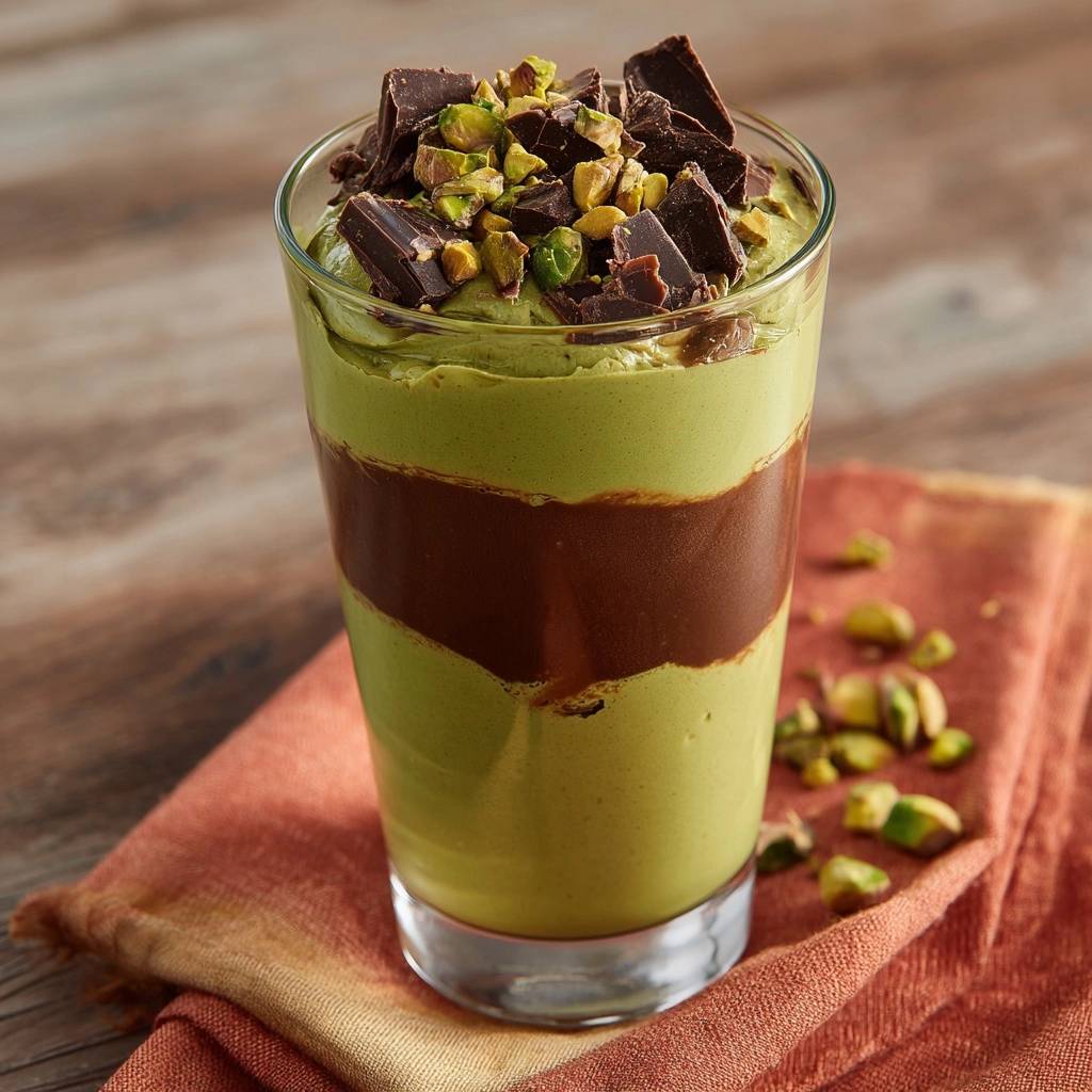 Schoko-Pistazien-Mousse im Glas, garniert mit Schokoladenstückchen und gehackten Pistazien, auf einem Küchentuch serviert.