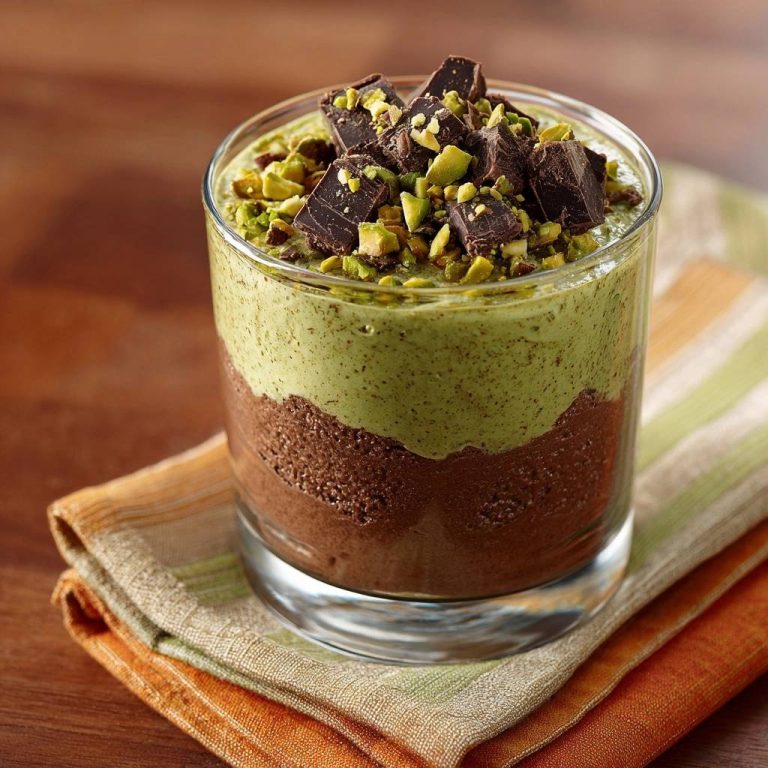 Schoko-Pistazien-Mousse im Glas, garniert mit Schokostückchen und gehackten Pistazien, auf einem gestreiften Tuch serviert.