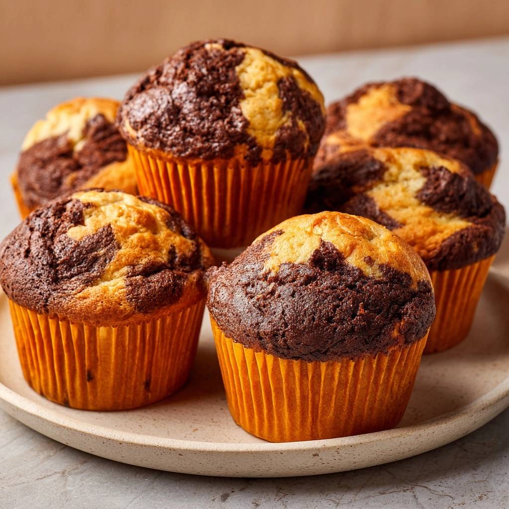 Schoko-Vanille-Marmor-Muffins frisch gebacken auf einem Teller, Nahaufnahme der marinierten Oberfläche.