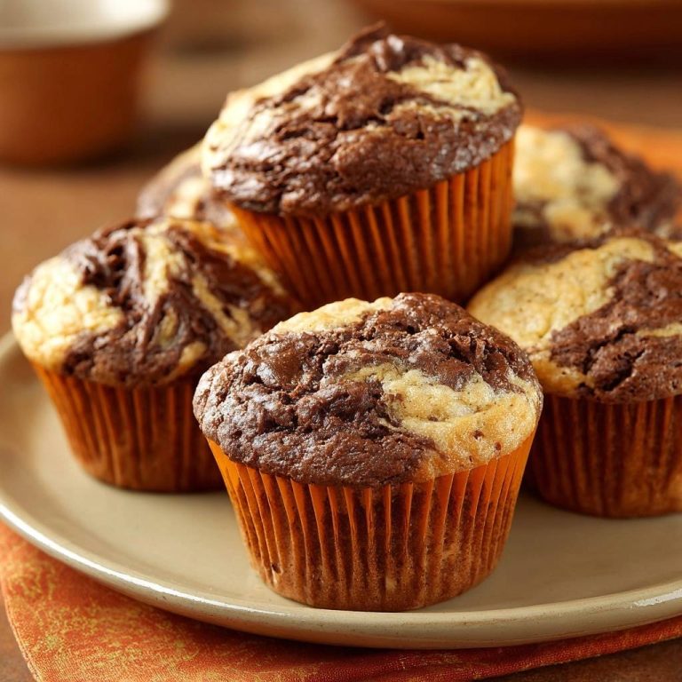 Schoko-Vanille-Marmor-Muffins auf einem Teller, mit Fokus auf die Textur der Oberfläche und die orangefarbenen Papierförmchen.