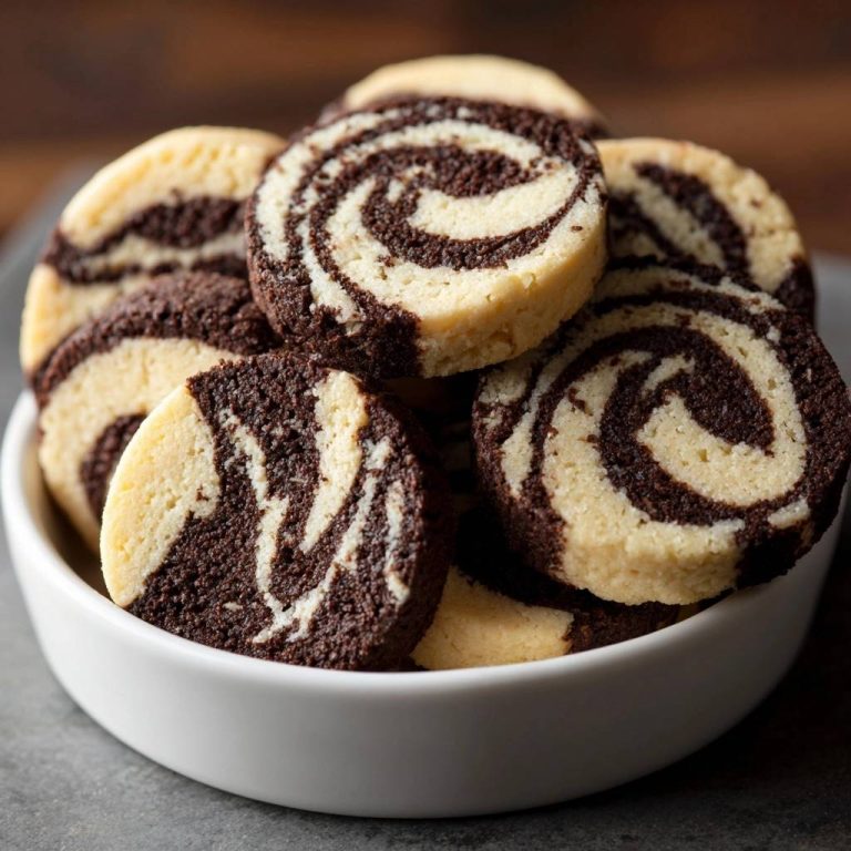 Schoko-Vanille-Spiralplätzchen im Anschnitt, die spiralförmige Marmorierung aus dunklem und hellem Teig ist deutlich zu sehen.