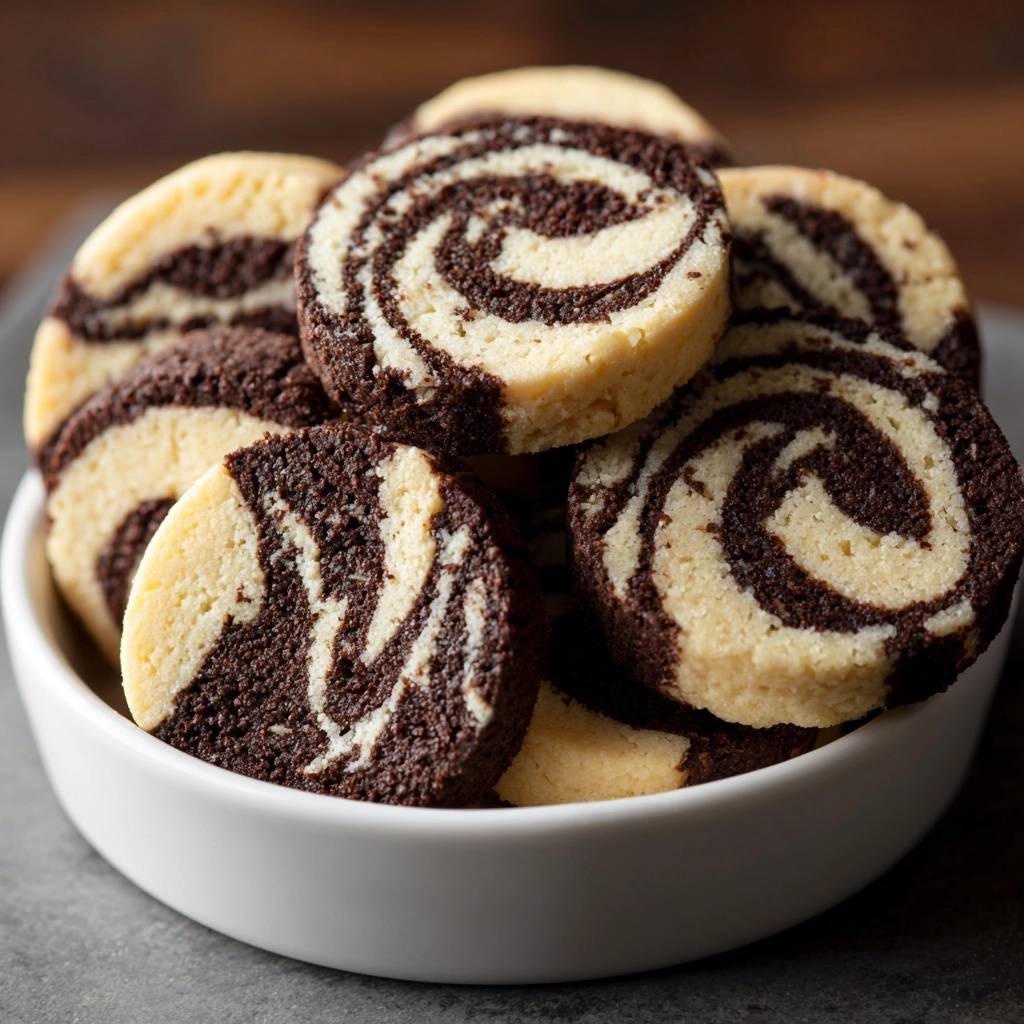 Schoko-Vanille-Spiralplätzchen im Anschnitt, die spiralförmige Marmorierung aus dunklem und hellem Teig ist deutlich zu sehen.