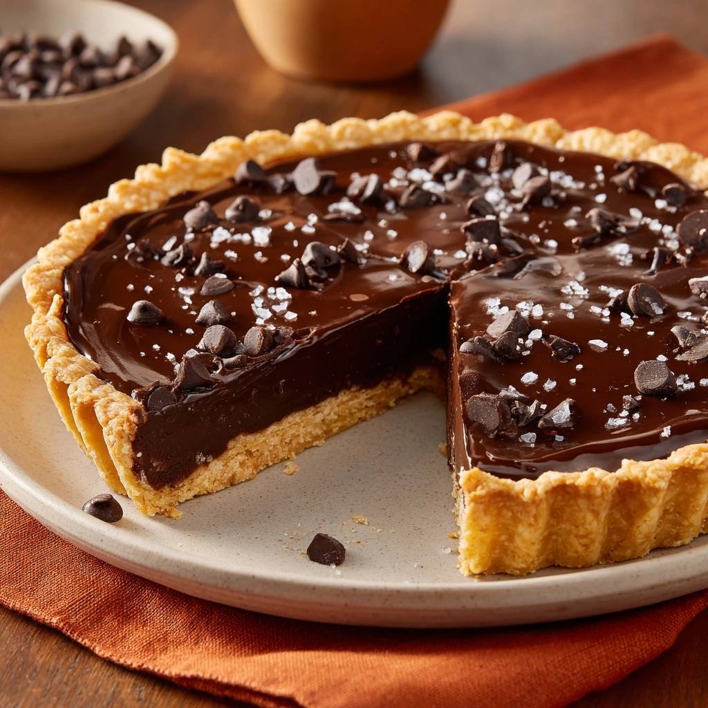 Knusprige Schokoladen-Tarte mit Meersalz, angeschnitten, mit Schokostückchen und Meersalzflocken garniert.