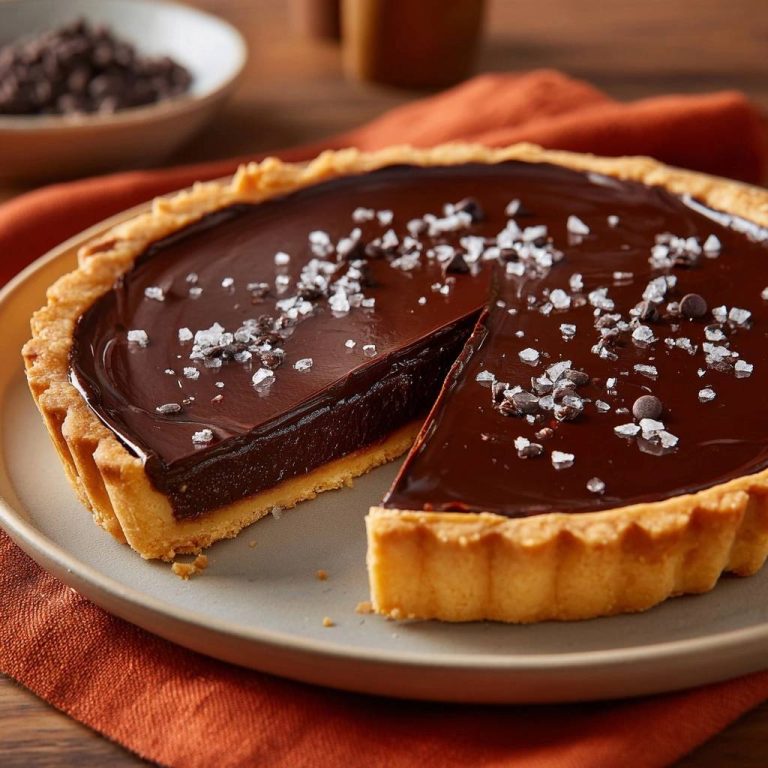 Knusprige Schokoladen-Tarte mit Meersalz, angeschnitten auf einem Teller mit einem Stück herausgenommen, das den saftigen Kern zeigt.