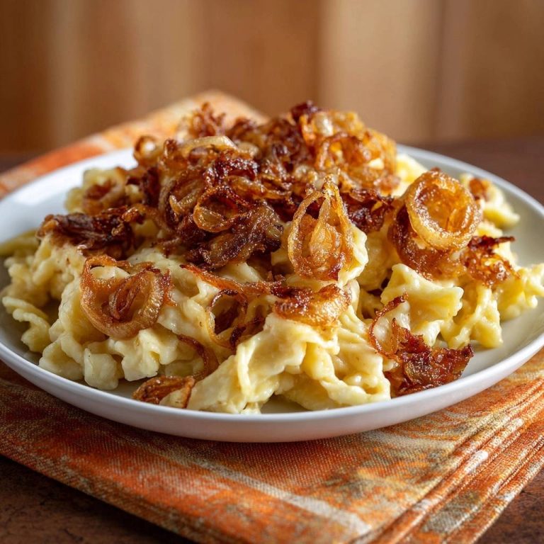 Schwäbische Spätzle mit knusprigen Bratenzwiebeln, serviert auf einem Teller mit einer orangenen Serviette.