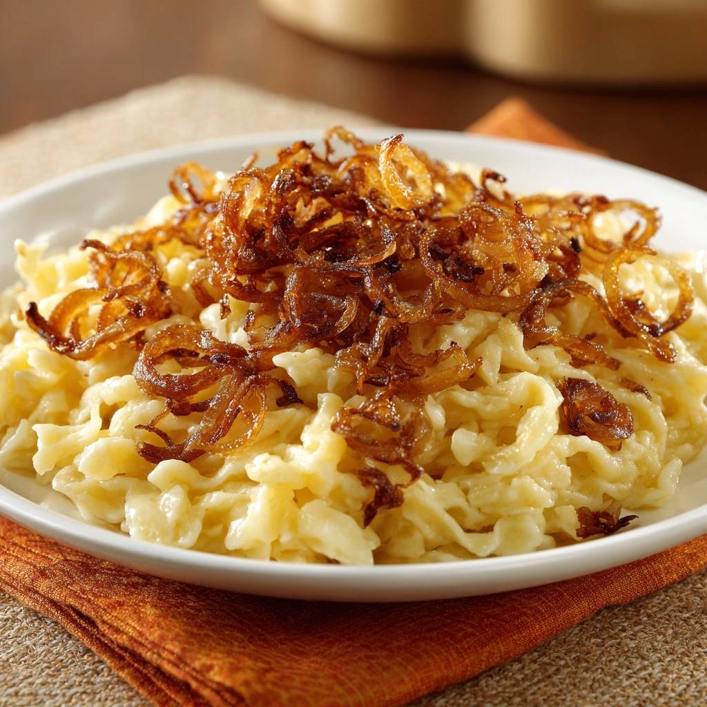 Schwäbische Spätzle mit knusprigen Bratenzwiebeln als Nahaufnahme eines Tellers mit goldbraunen Zwiebeln.