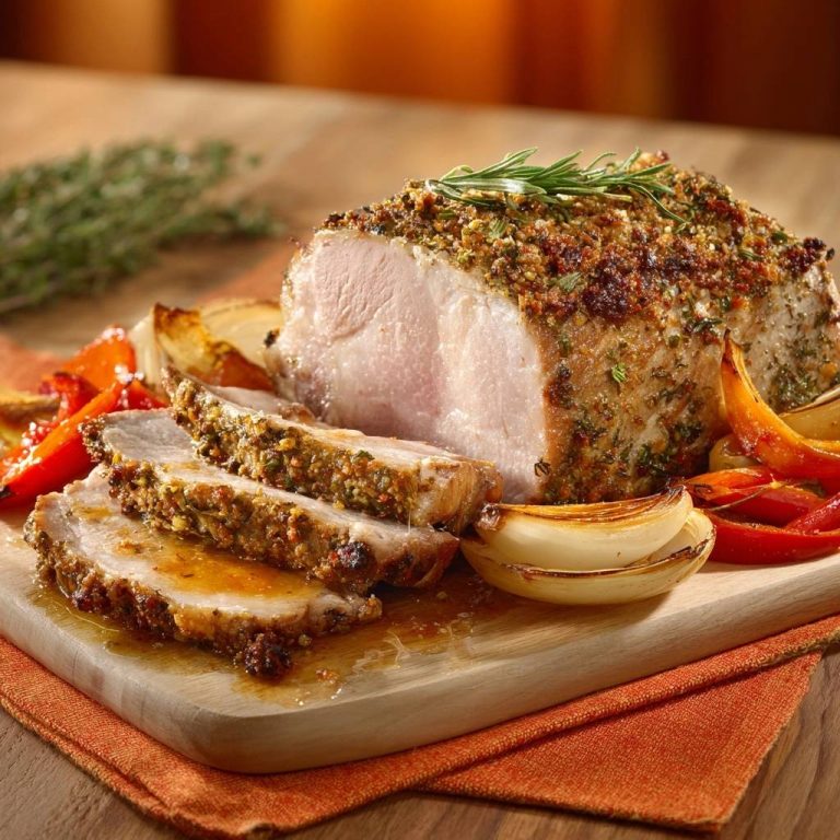 Saftiges Schweinefilet mit Kräuterkruste und Ofengemüse, angeschnitten auf einem Holzbrett serviert mit sichtbaren Kräutern und Fleischsaft