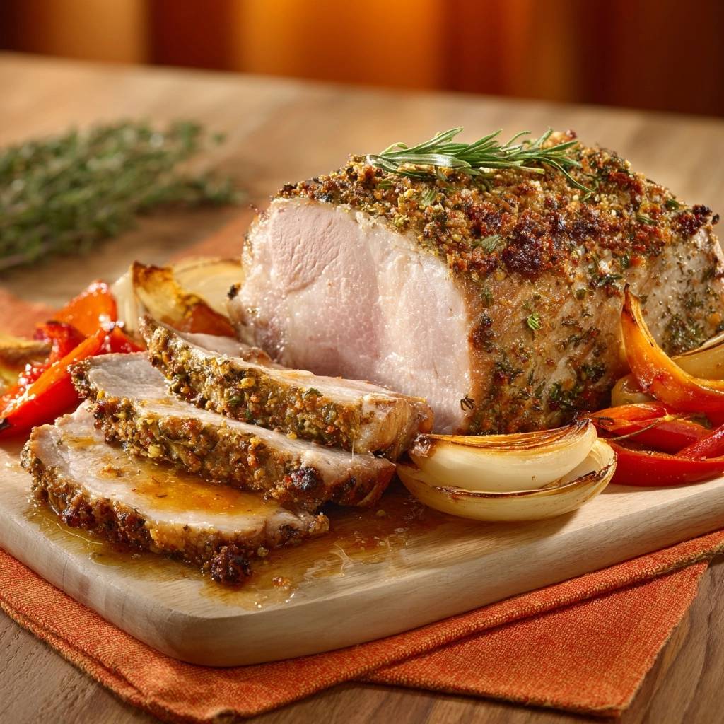 Saftiges Schweinefilet mit Kräuterkruste und Ofengemüse, angeschnitten auf einem Holzbrett serviert mit sichtbaren Kräutern und Fleischsaft