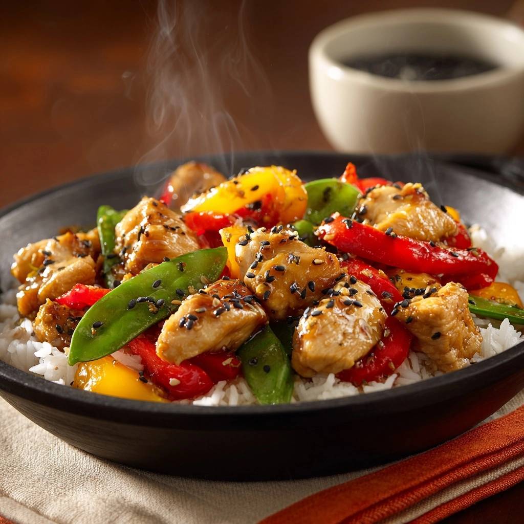 Sesam-Hähnchen-Wok mit Paprika & Snow Peas, serviert mit Reis und aufsteigendem Dampf.