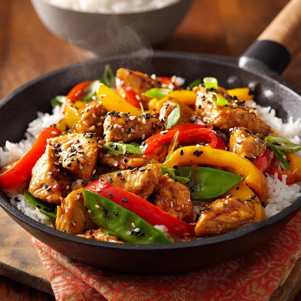 Sesam-Hähnchen-Wok mit Paprika und Snow Peas, nahaufnahme in einer Pfanne mit Dampf