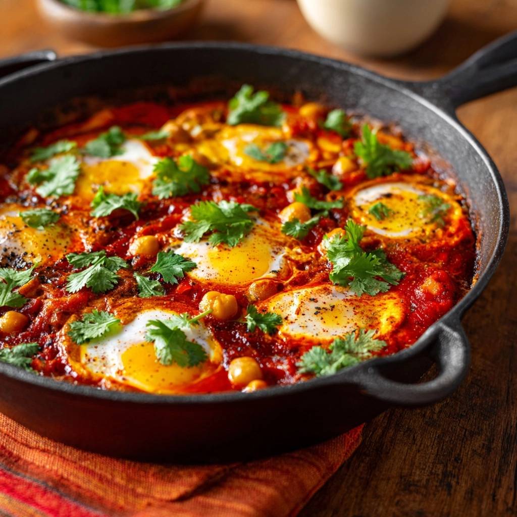 Shakshuka mit Kichererbsen, eine Nahaufnahme von Eiern in einer roten Sauce, garniert mit Koriander in einer Gusseisenpfanne.