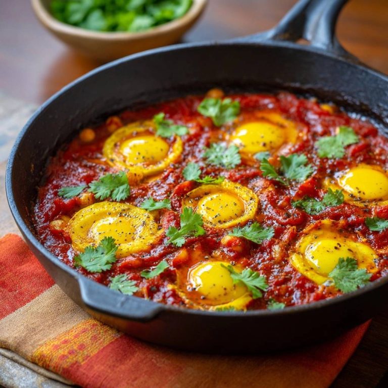 Shakshuka mit Kichererbsen in einer Gusseisenpfanne, mit frischen Eiern und Koriander garniert.