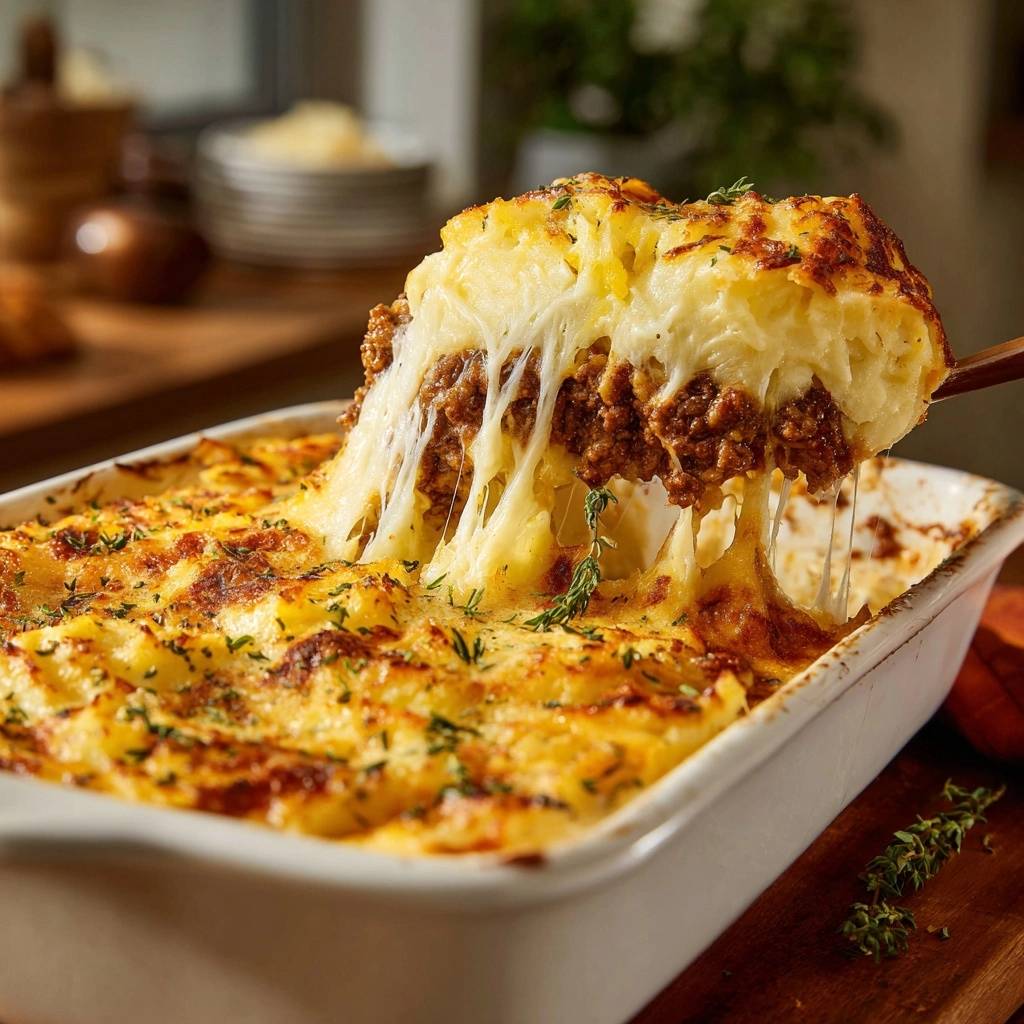 Shepherd’s Pie mit einem perfekten Käse-Ziehen, das die herzhafte Hackfleischfüllung zeigt.
