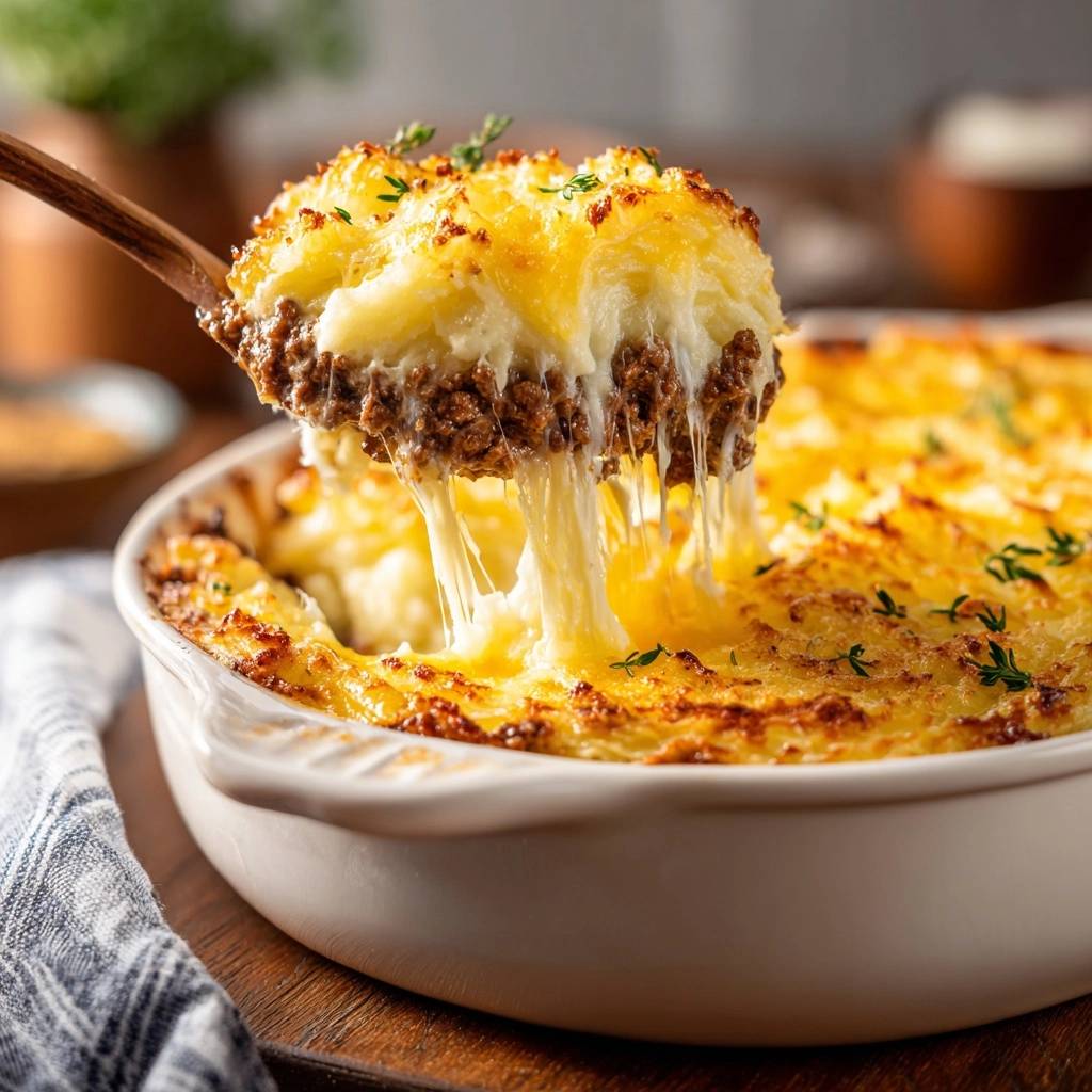 Shepherd’s Pie mit geschmolzenem Käse, der beim Servieren Fäden zieht