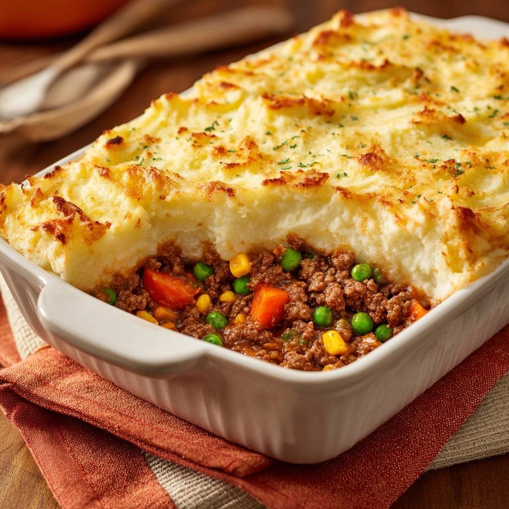 Shepherd’s Pie im Anschnitt mit Kartoffelkruste und herzhafter Hackfleischfüllung mit Erbsen und Karotten.