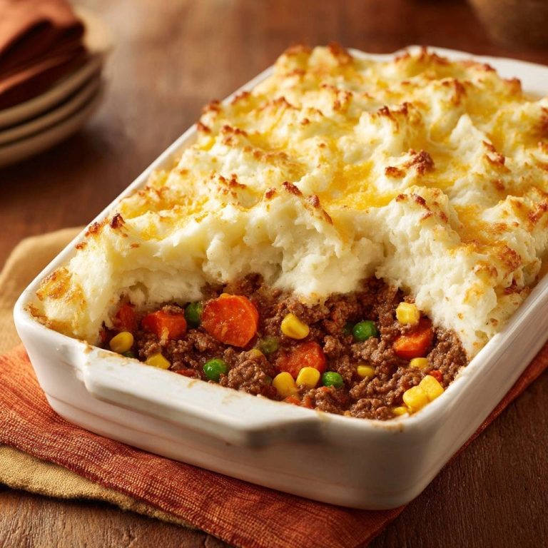 Shepherd’s Pie im Anschnitt mit einer Füllung aus Hackfleisch, Karotten, Erbsen und Mais, überbacken mit Kartoffelpüree.
