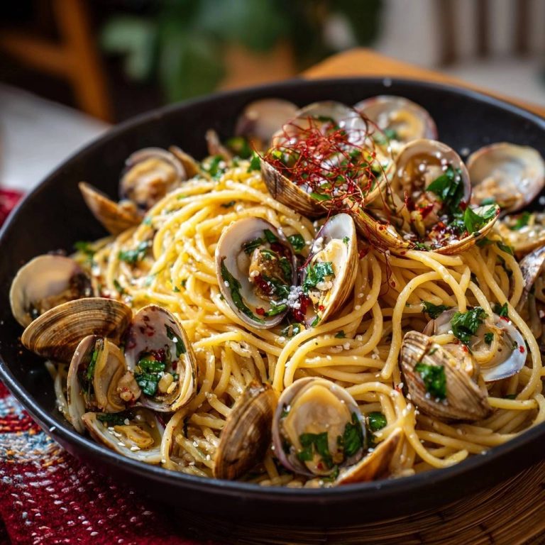 Spaghetti alle Vongole, ein Teller mit Nudeln und Venusmuscheln, garniert mit Petersilie und Chiliflocken.
