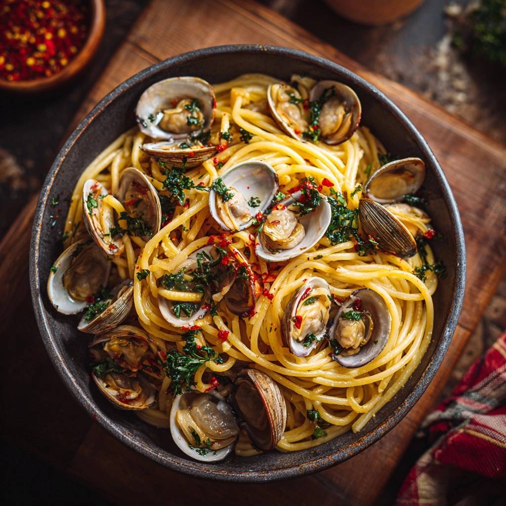 Spaghetti alle Vongole serviert in einer Schüssel, garniert mit frischen Muscheln und Kräutern, mit Chiliflocken bestreut.