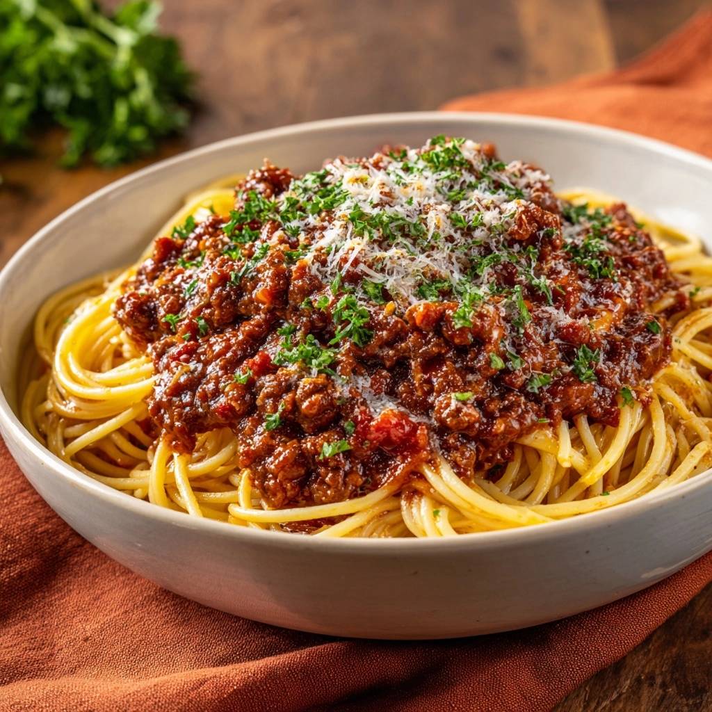 Perfekte Spaghetti Bolognese mit reichlich dicker Sauce, garniert mit frischer Petersilie und geriebenem Parmesan.