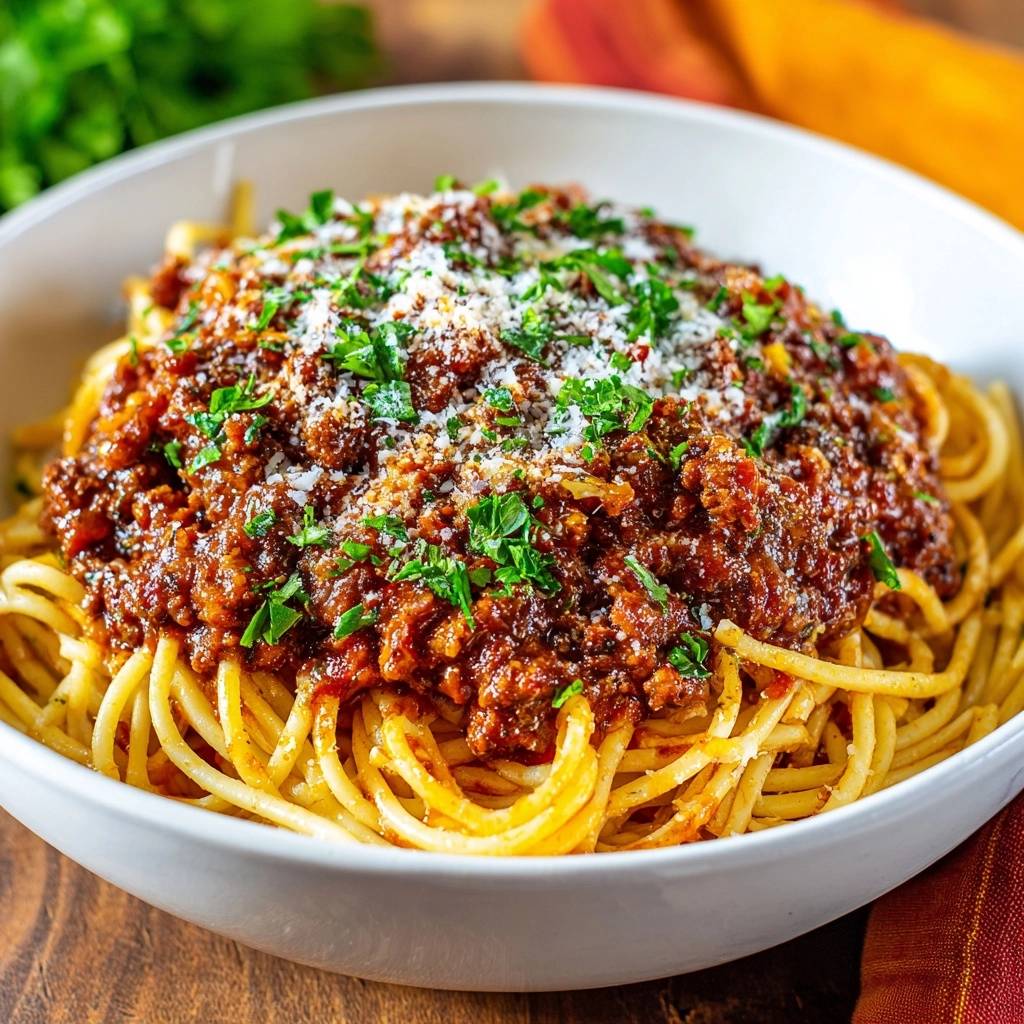 Perfekte Spaghetti Bolognese mit dicker Sauce, garniert mit frischer Petersilie und Parmesan, nahaufnahme