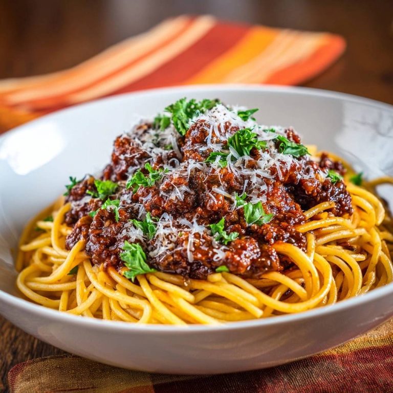 Spaghetti Bolognese, üppig mit Hackfleischsauce und frisch geriebenem Käse garniert, in einer weißen Schüssel serviert.