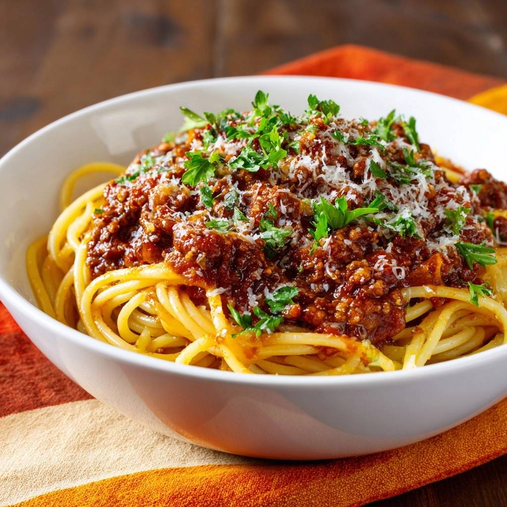 Perfekte Spaghetti Bolognese, serviert in einer weißen Schüssel und garniert mit geriebenem Käse und frischen Kräutern.
