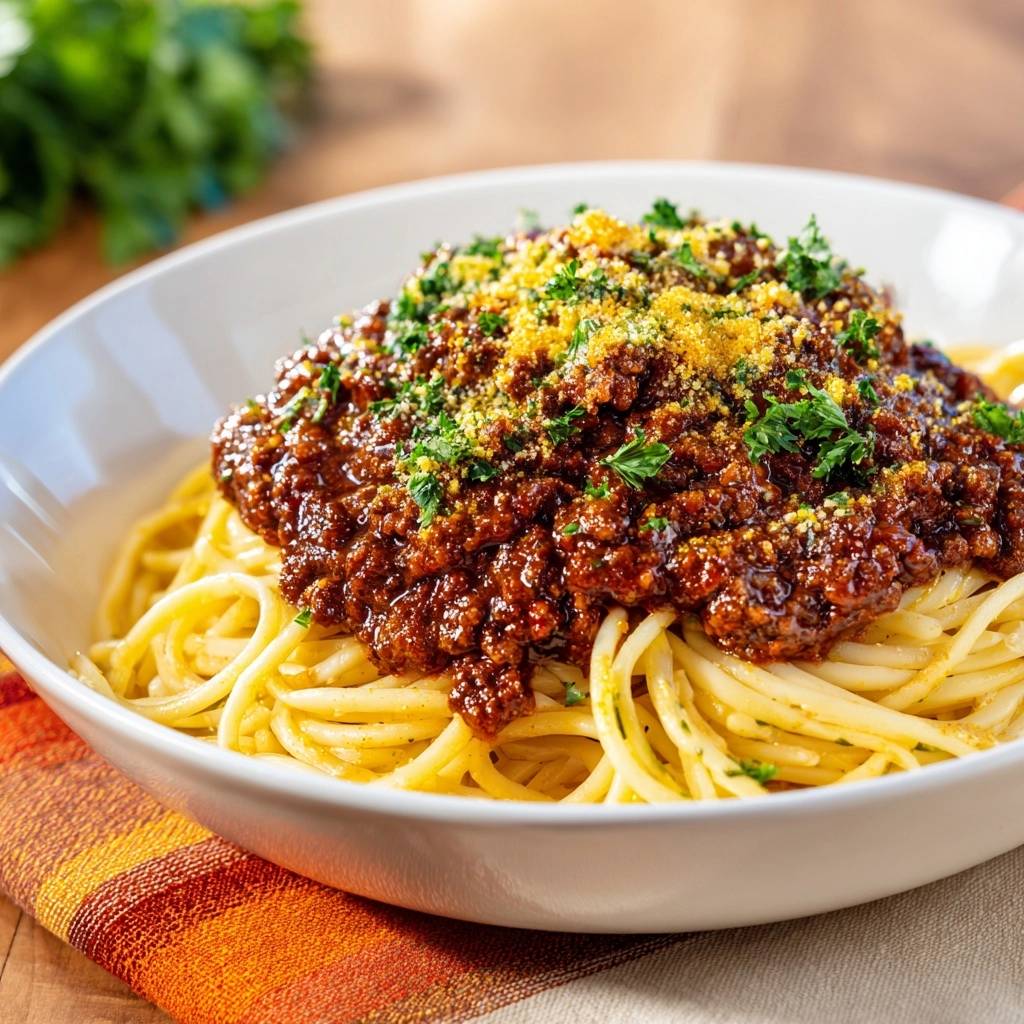 Perfekte Spaghetti Bolognese mit einer reichhaltigen Fleischsauce und frischer Petersilie garniert, nahaufnahme.