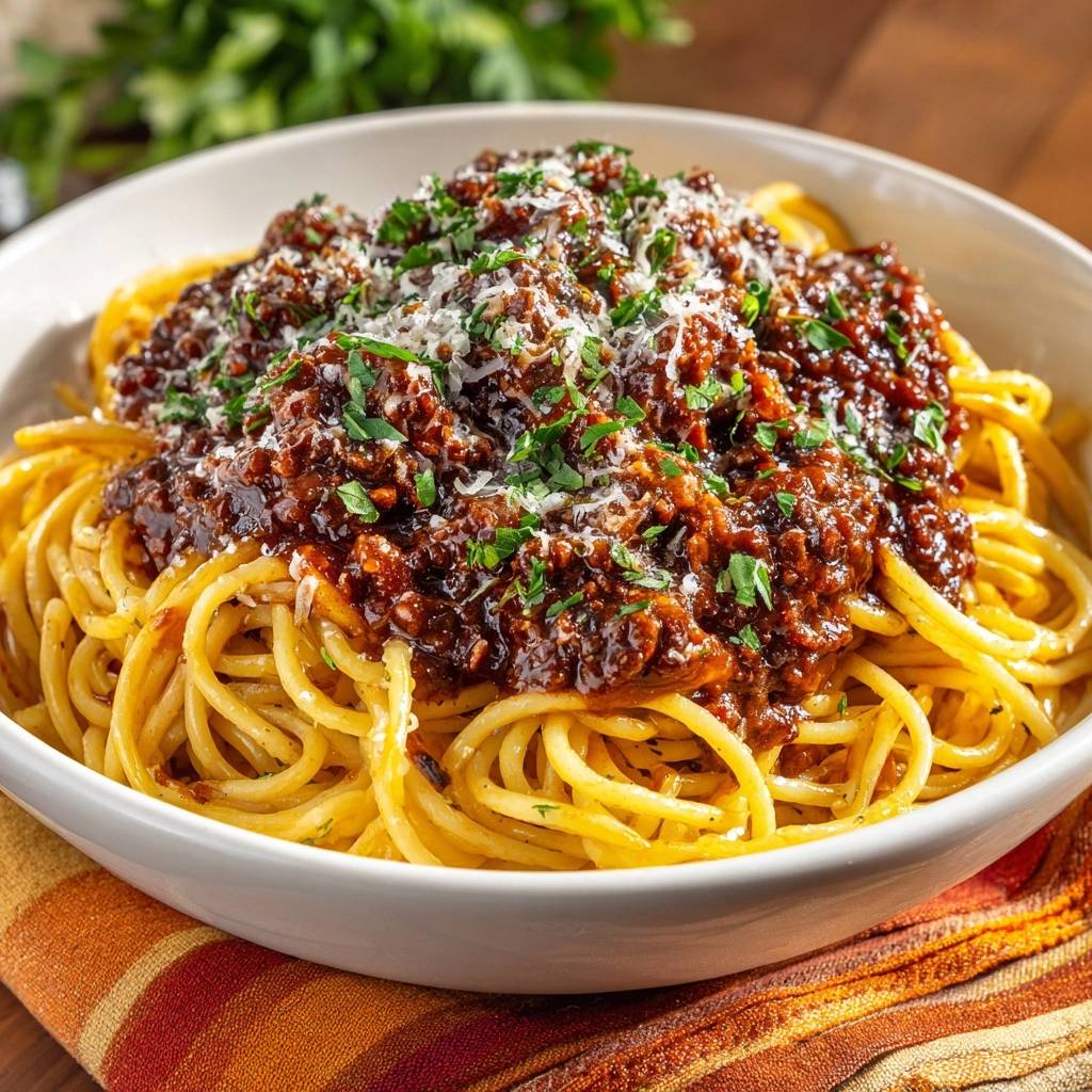 Spaghetti Bolognese mit Hackfleischsauce und frischer Petersilie, nahaufnahme garniert mit Parmesan