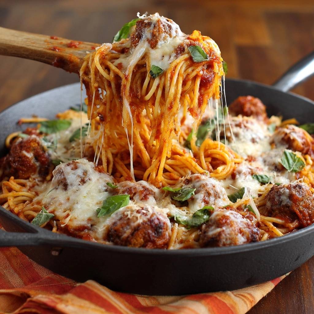 Spaghetti mit saftigen Fleischbällchen, nahaufnahme mit geschmolzenem Käse und frischem Basilikum, serviert in einer Pfanne.