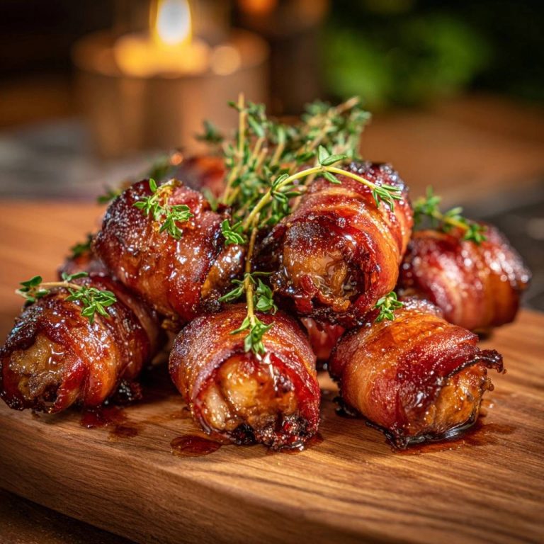 Knusprige Speck-Hähnchen-Röllchen mit frischem Thymian garniert auf einem Holzbrett, Nahaufnahme