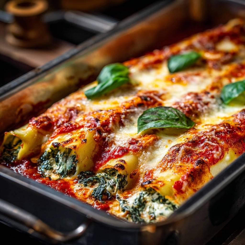 Spinat-Ricotta-Cannelloni frisch aus dem Ofen, mit Basilikum garniert und goldbraun überbacken
