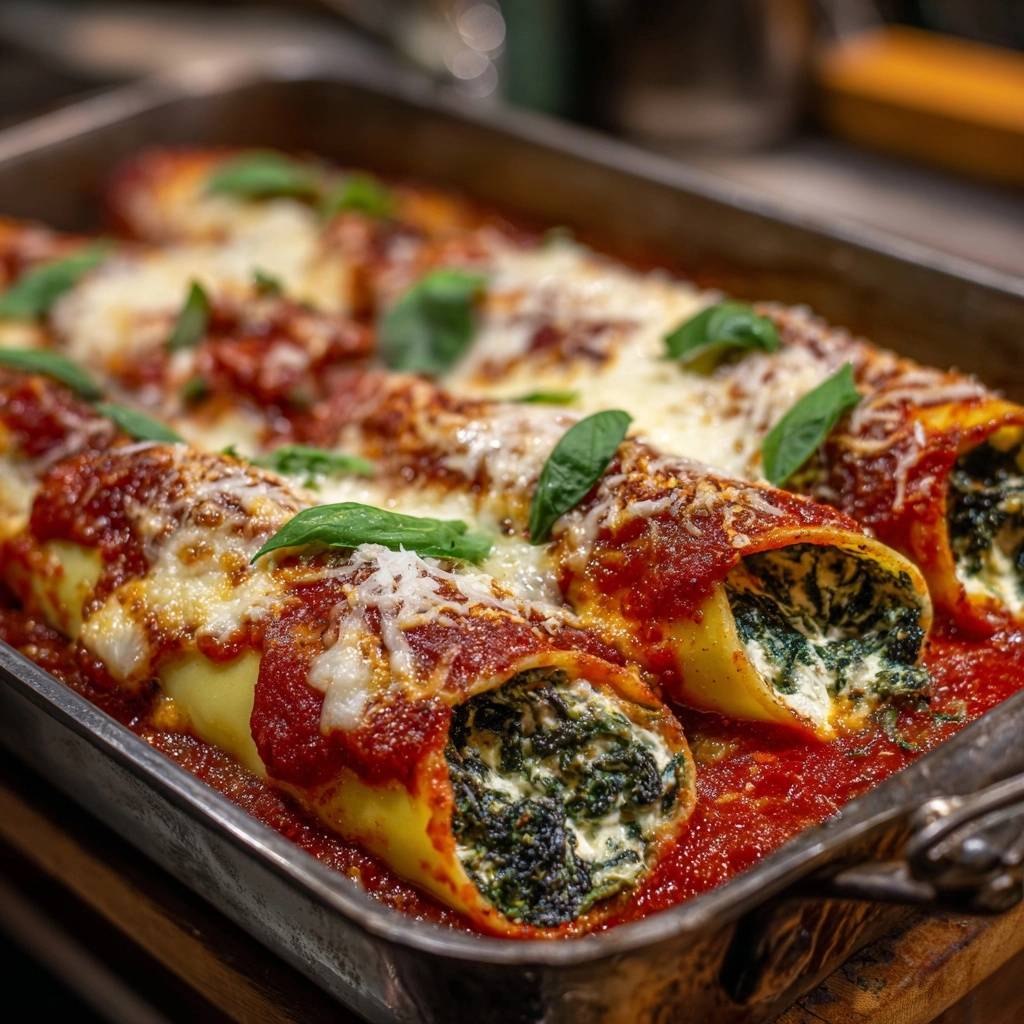 Spinat-Ricotta-Cannelloni im Anschnitt mit geschmolzenem Käse und Basilikum in einer Auflaufform.