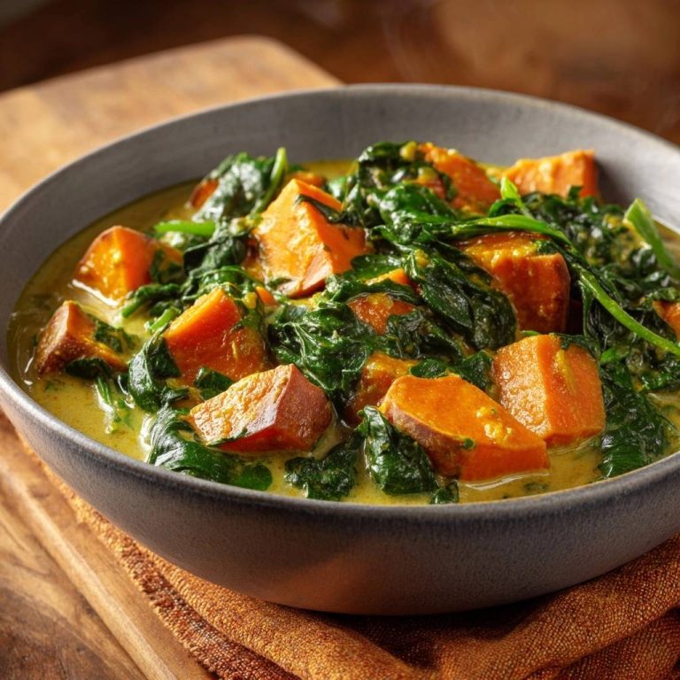 Süßkartoffel-Spinat-Curry nahaufnahme der cremigen Sauce mit Stücken von Süßkartoffel und Spinat