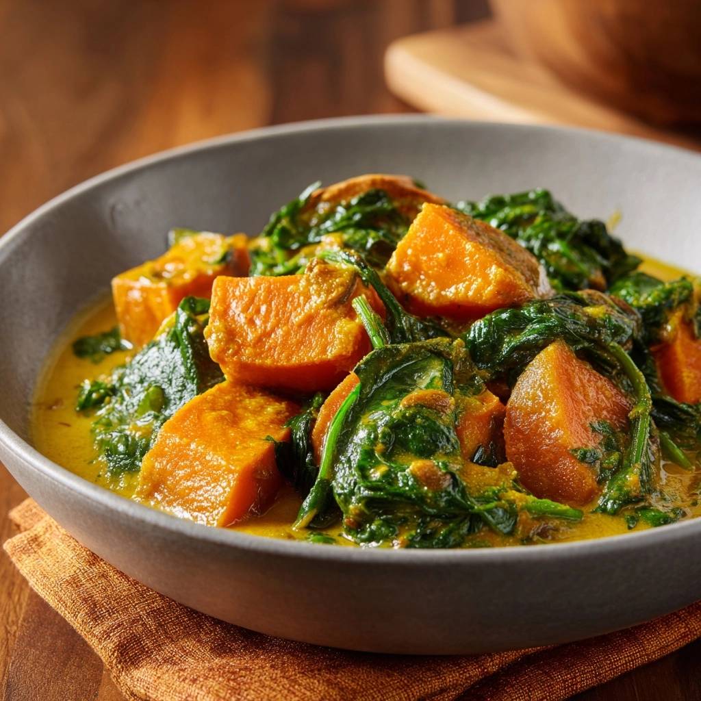Süßkartoffel-Spinat-Curry als Nahaufnahme mit cremig-gelber Sauce und sichtbaren Süßkartoffelstücken und Spinat.
