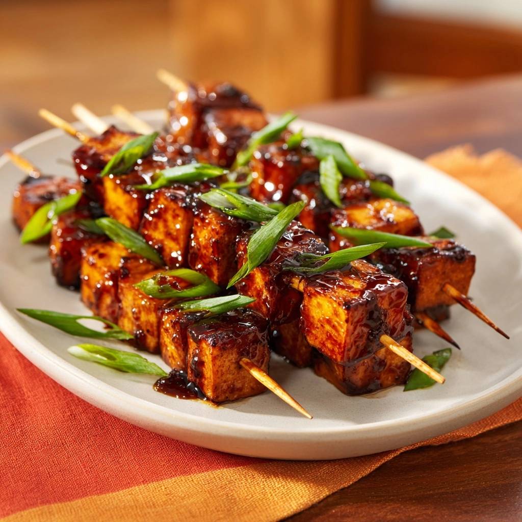 Knusprige Teriyaki-Tofu-Spieße, garniert mit frischen Frühlingszwiebeln auf einem Teller