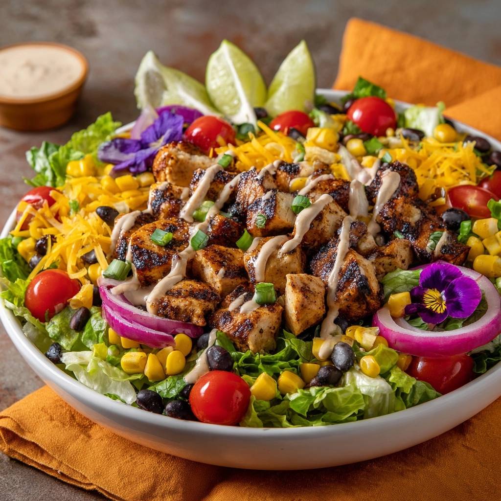 Knuspriger Tex-Mex-Hähnchensalat mit gegrilltem Hähnchen, Mais, schwarzen Bohnen und Cheddar-Käse, garniert mit Essigblumen.