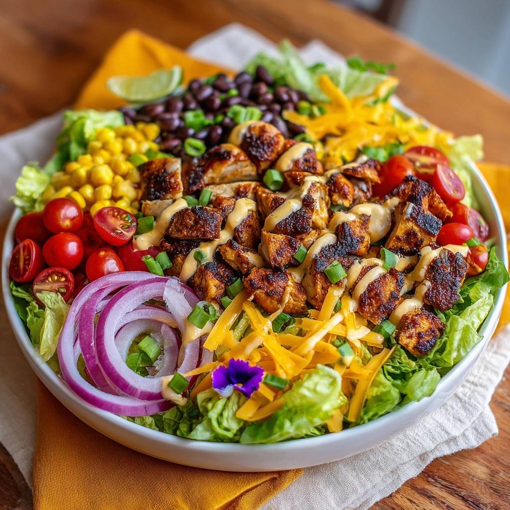 Knuspriger Tex-Mex-Hähnchensalat mit üppigen Garnituren und einem auffälligen lila Blütendekor in Nahaufnahme.