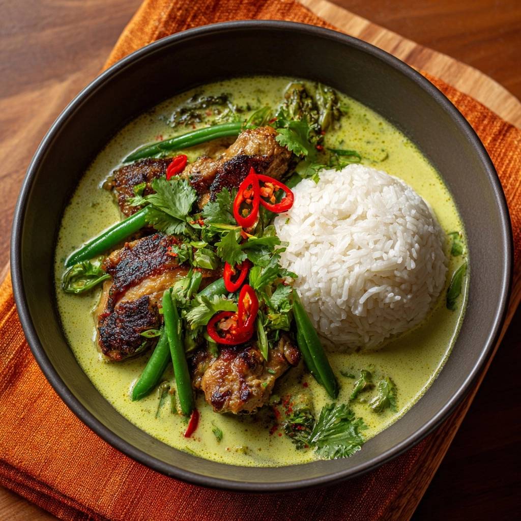 Thailändisches grünes Hähnchen-Curry mit Reis, serviert in einer Schüssel und garniert mit frischen Kräutern und Chilis.