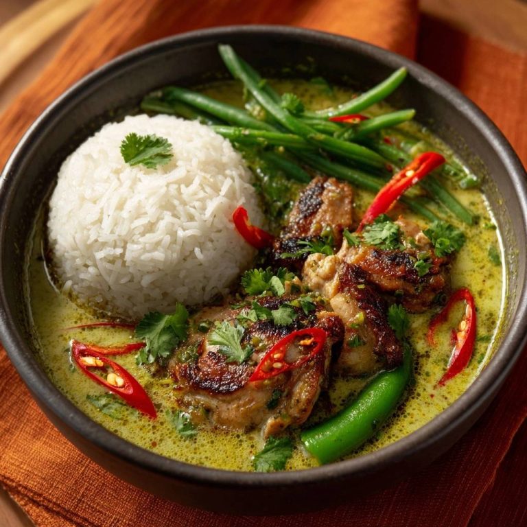 Thailändisches grünes Hähnchen-Curry mit Reis, serviert in einer Schüssel mit grünen Bohnen und Chilis.