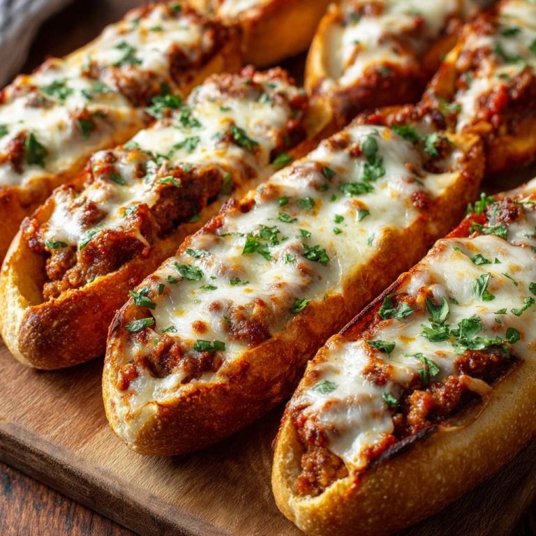 Überbackene Hackfleisch-Baguettes als Nahaufnahme mit geschmolzenem Käse und Petersilie garniert, auf einem Holzbrett serviert.