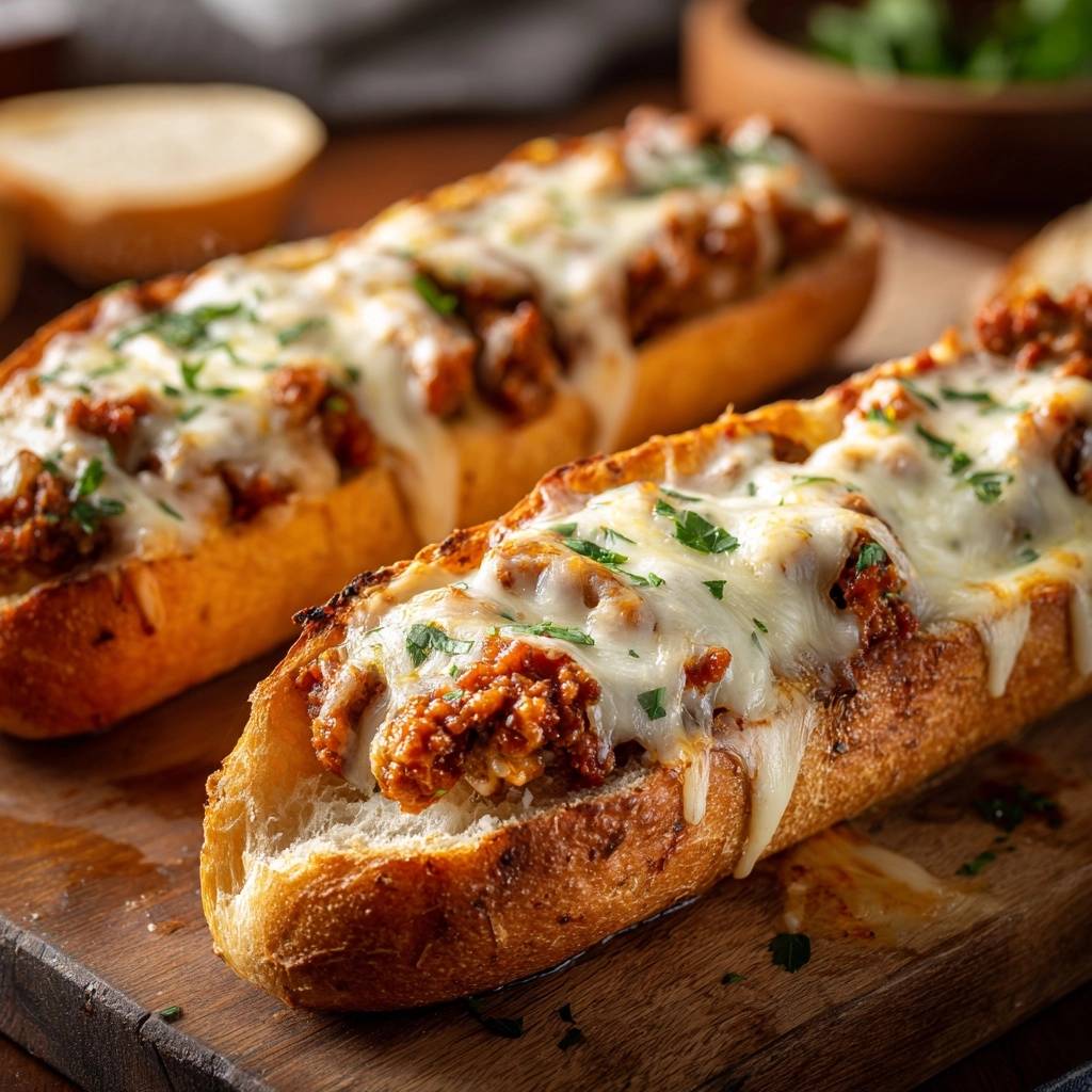 Überbackene Hackfleisch-Baguettes mit geschmolzenem Käse und Petersilie, nahaufnahme auf einem Holzbrett