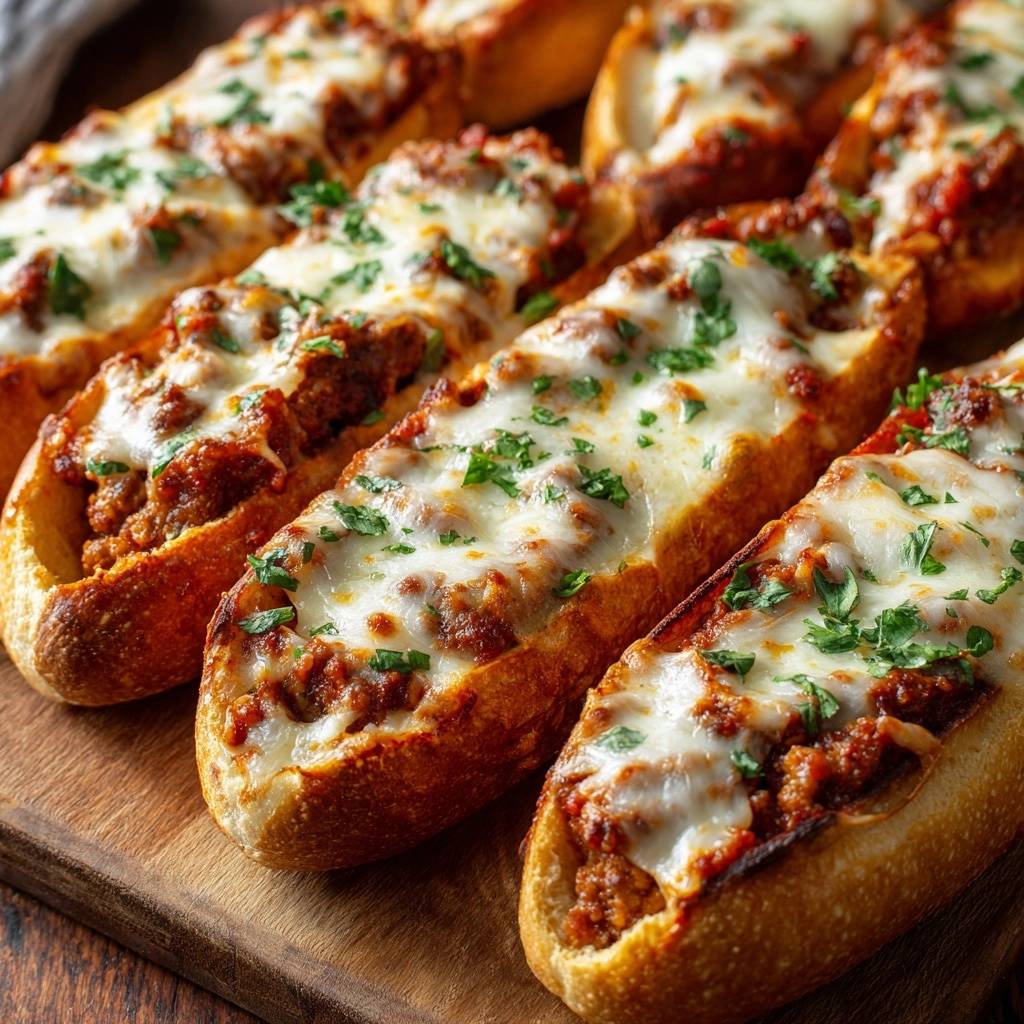 Überbackene Hackfleisch-Baguettes als Nahaufnahme mit geschmolzenem Käse und Petersilie garniert, auf einem Holzbrett serviert.