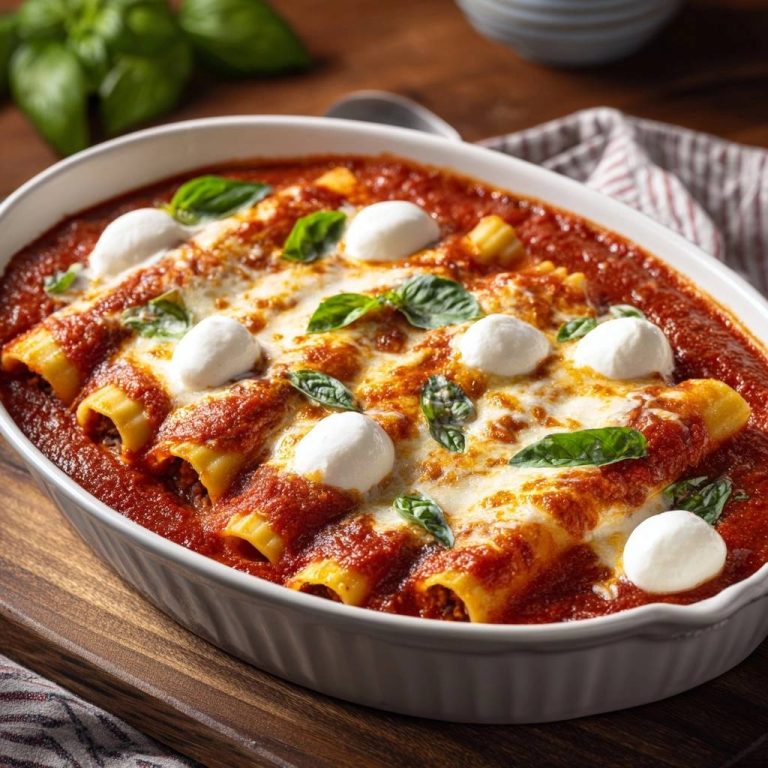 Überbackene Rind-Hack-Cannelloni mit geschmolzenem Käse und frischem Basilikum, nahaufnahme der überbackenen Nudeln.