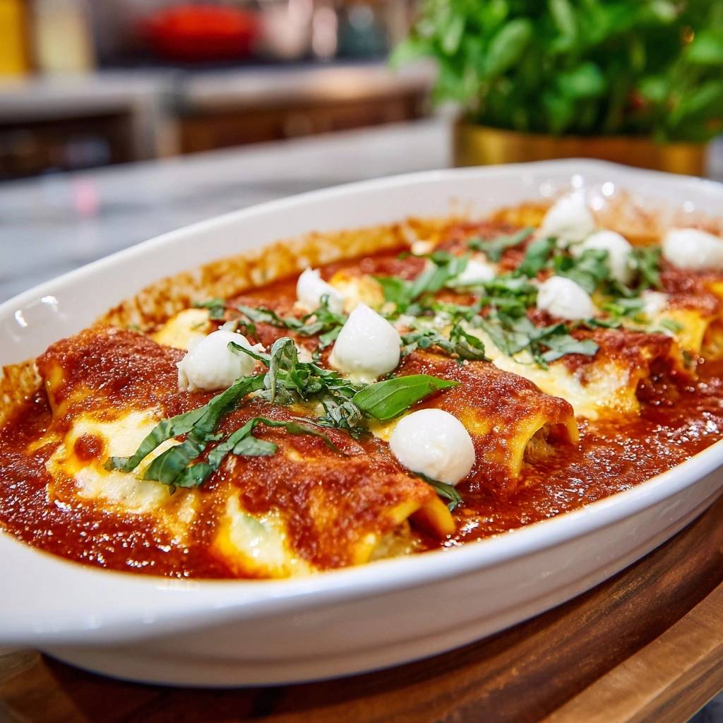 Überbackene Rind-Hack-Cannelloni mit Mozzarella-Bällchen und frischem Basilikum garniert, serviert in einer Auflaufform.