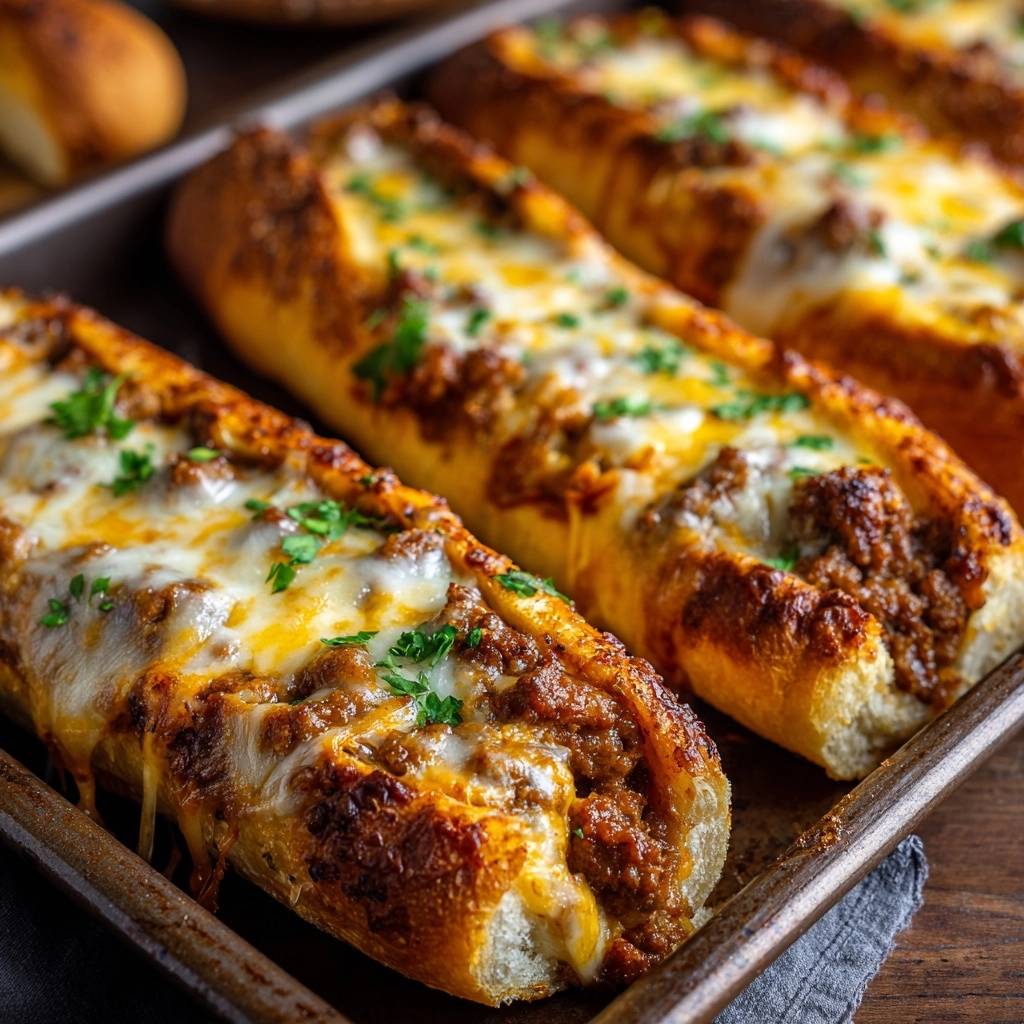 Überbackenes Hackfleisch-Baguette mit geschmolzenem Käse und Petersilie, eine Nahaufnahme von der saftigen Füllung.